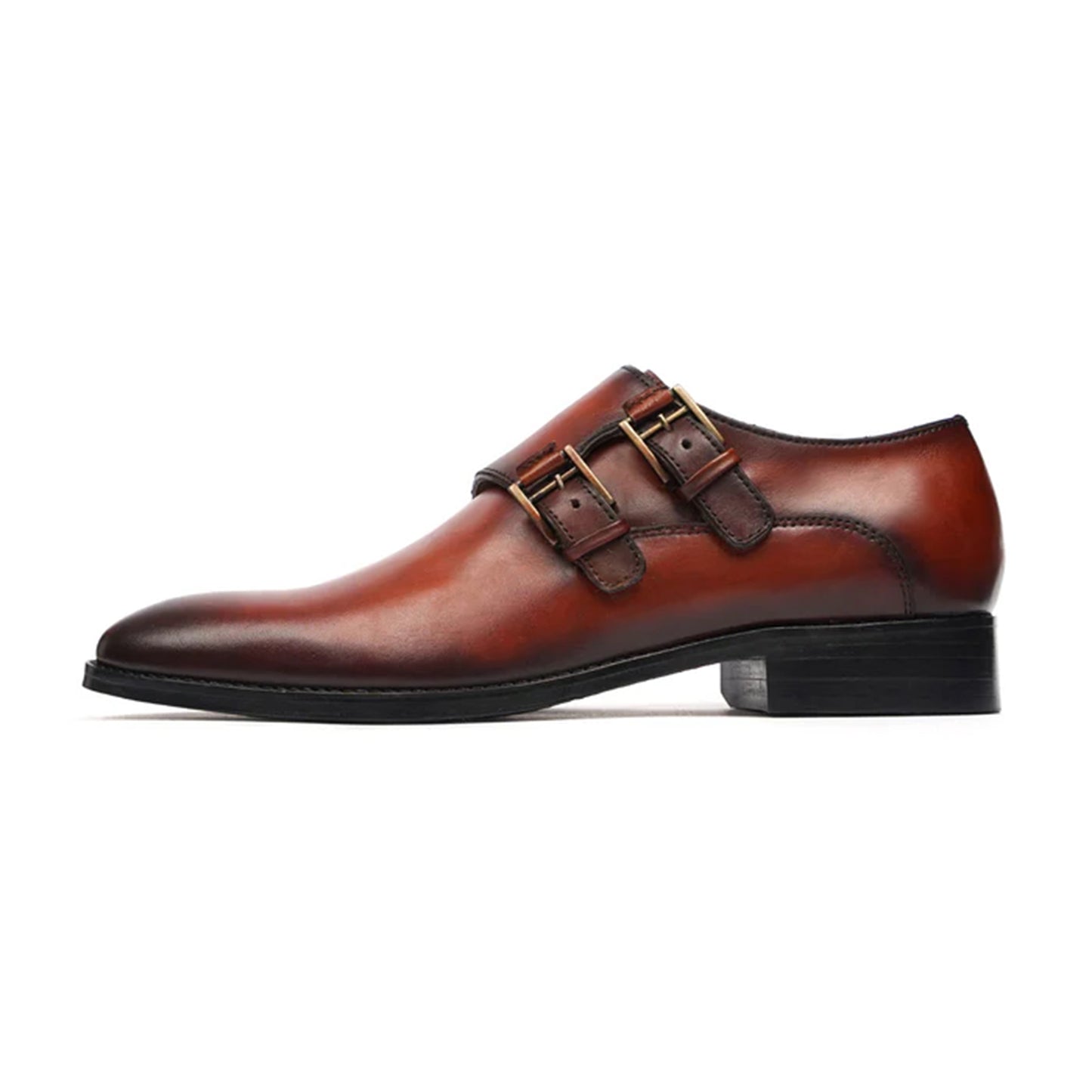 Side profile of Danteo tan leather monk strap shoes with dual buckles