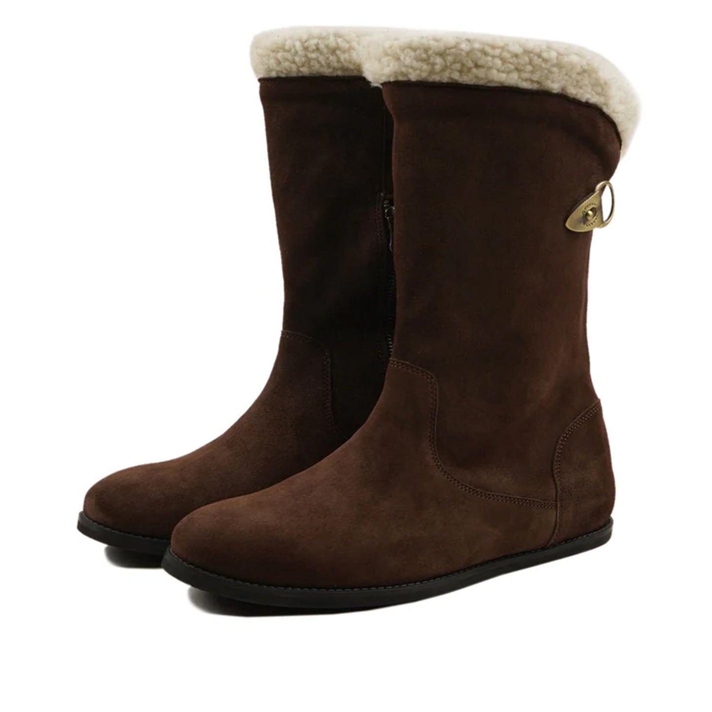Marvel Leather brown suede shearling boots front angle