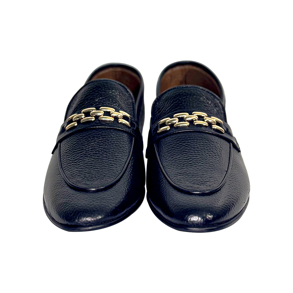 Thiago Chain Accent Black Leather Loafers Front View - Marvel Leather