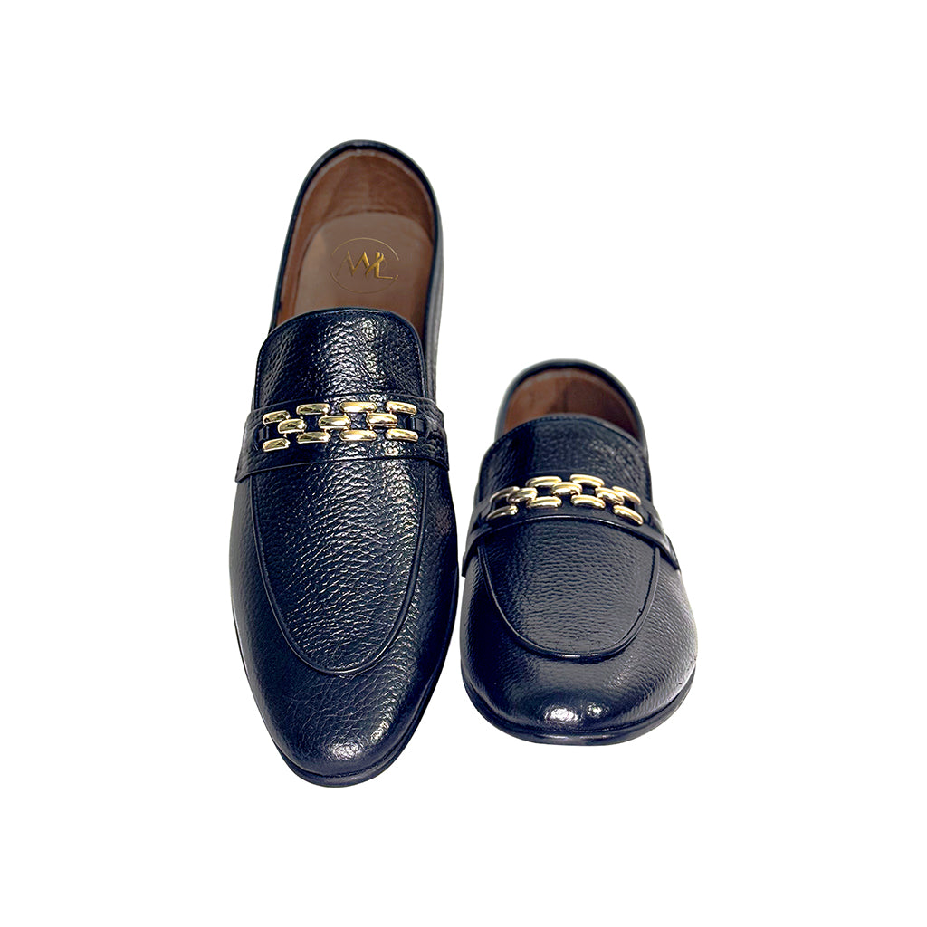 Thiago Chain Accent Black Leather Loafers Pair Front by Marvel Leather