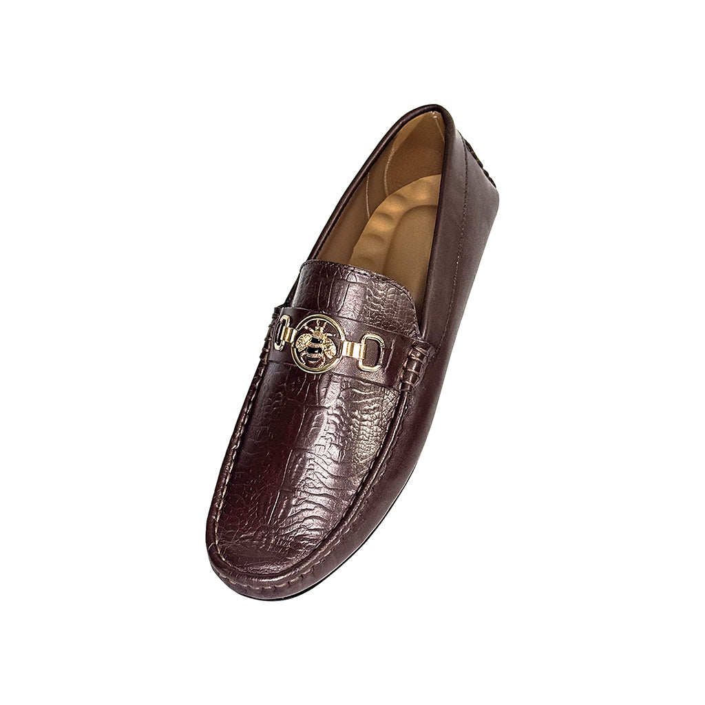 Marvel Leather brown croc textured driving moccasins with gold bit side angle