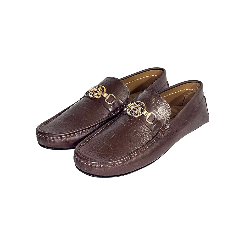Elegant men’s leather moccasins by Marvel Leather featuring gold bit and croc texture in deep brown