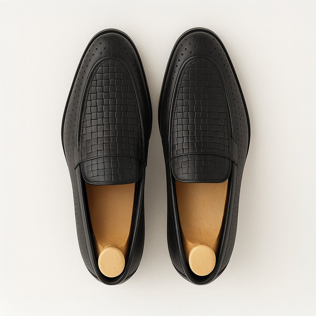 Top view of black woven perforated loafers – Marvel Leather