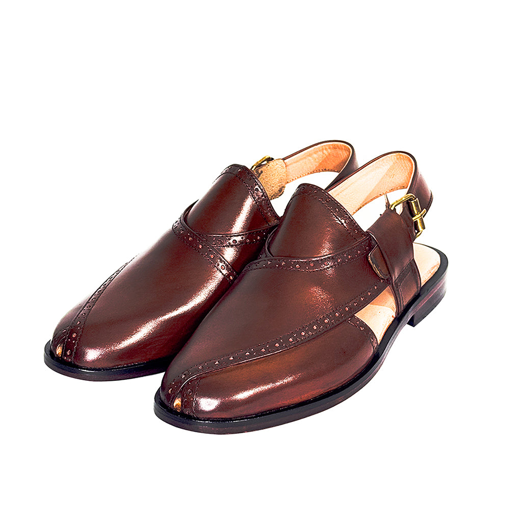 Kamal traditional brown brogue leather Peshawari chappals – front profile for men