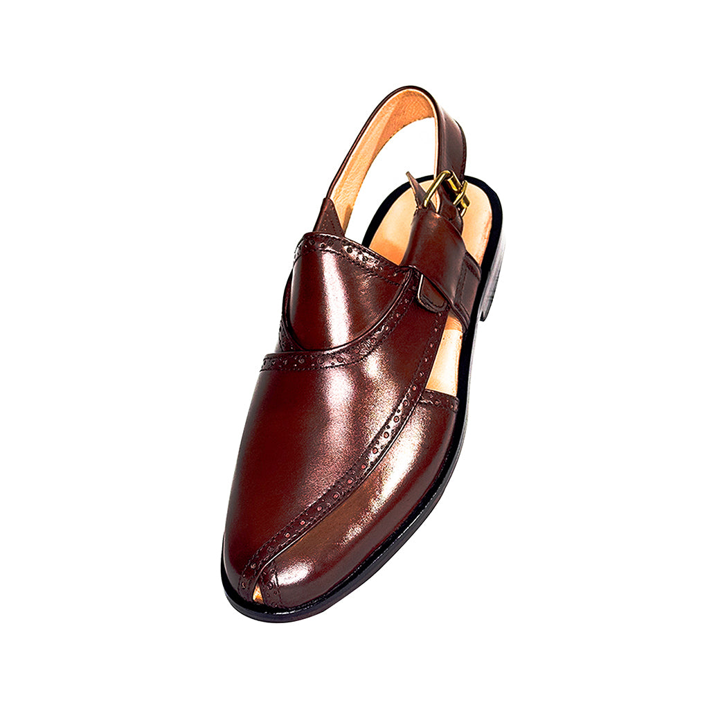 Kamal brogue pattern brown leather Peshawari chappal – top view with side buckle