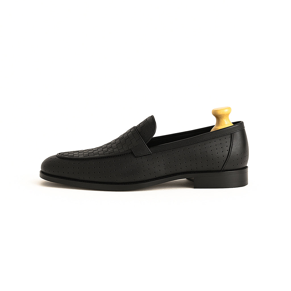 Side view of Matteo woven perforated leather loafers, combining elegance with comfort.