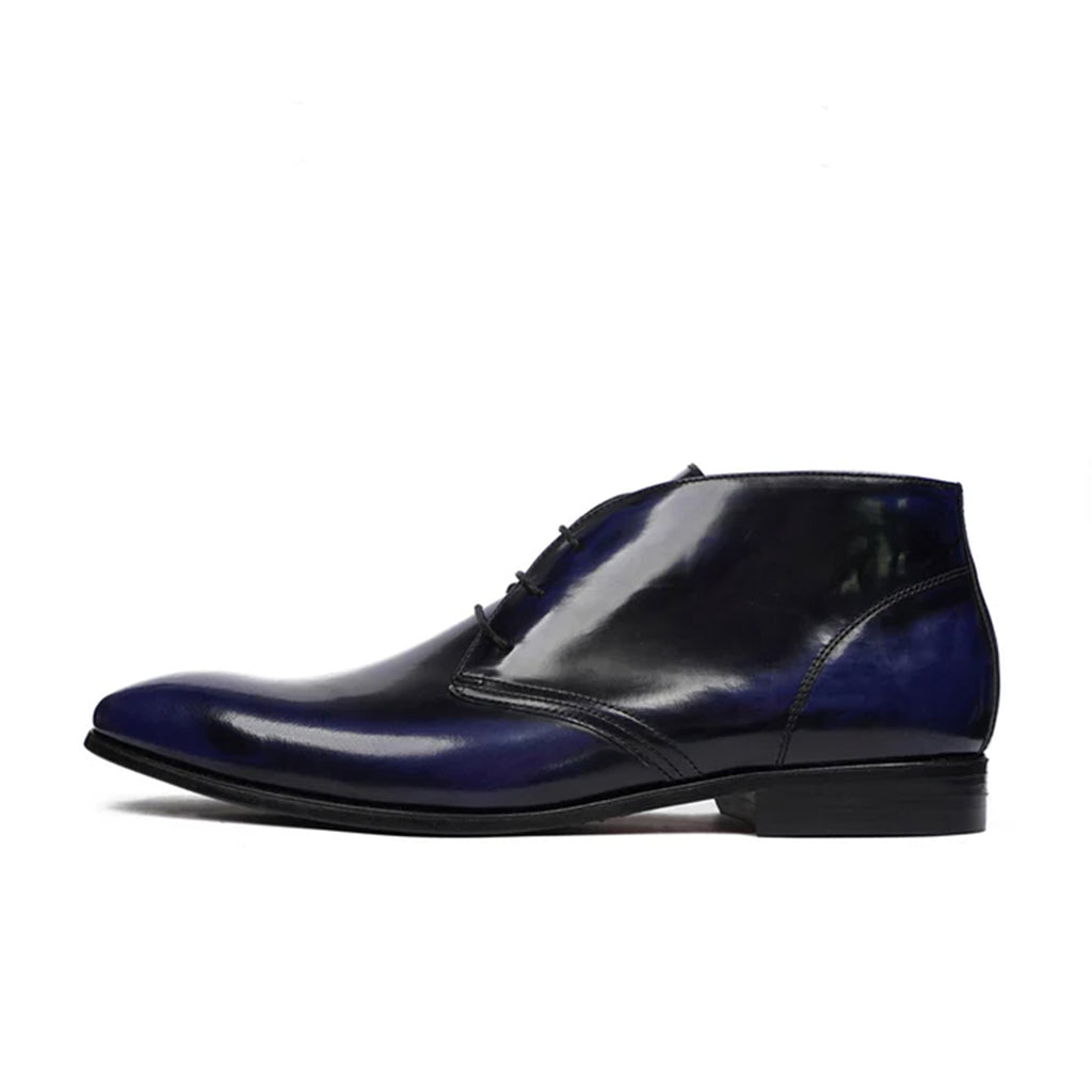 Adriano Navy Blue Leather Dress Chukka Boots Side View By Marvel Leather