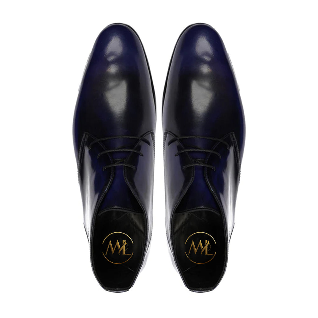 Adriano Navy Blue Leather Dress Chukka Boots Top View By Marvel Leather