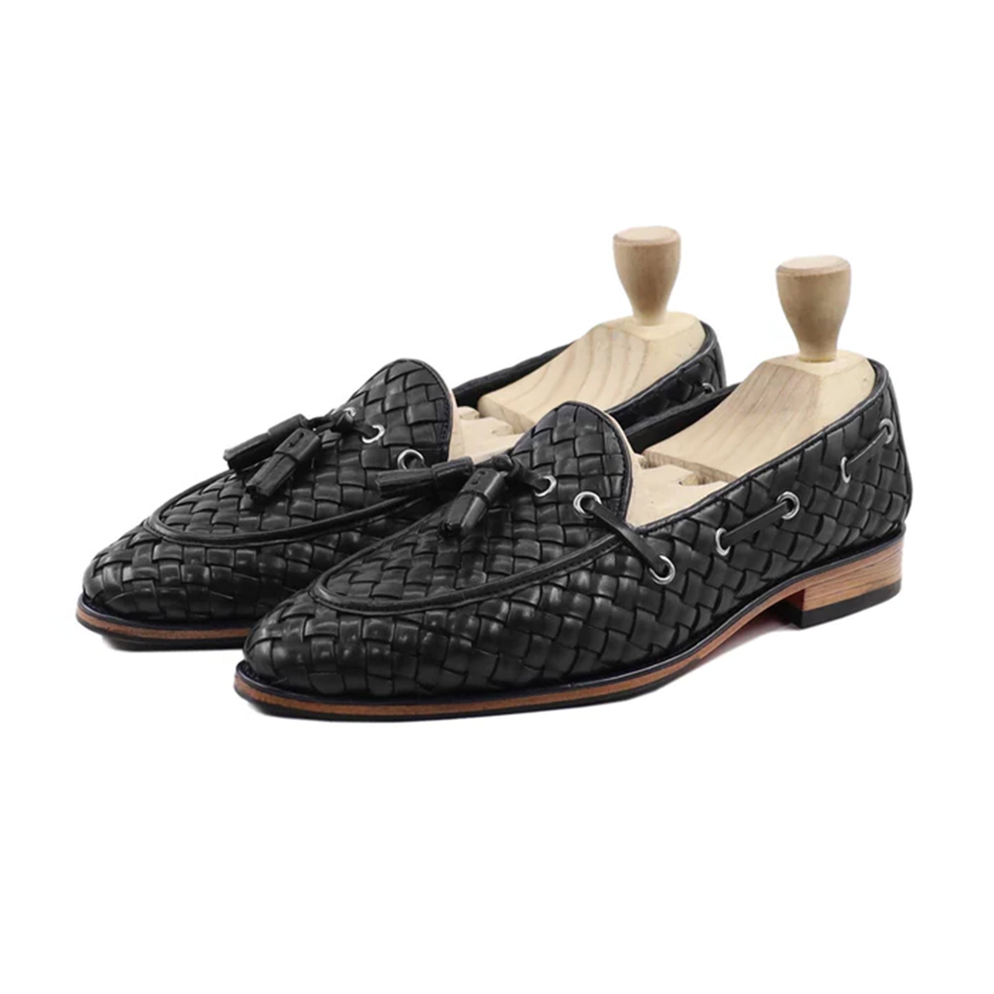 Brando Black Woven Tassel Loafers front view – Marvel Leather handmade luxury men's shoes