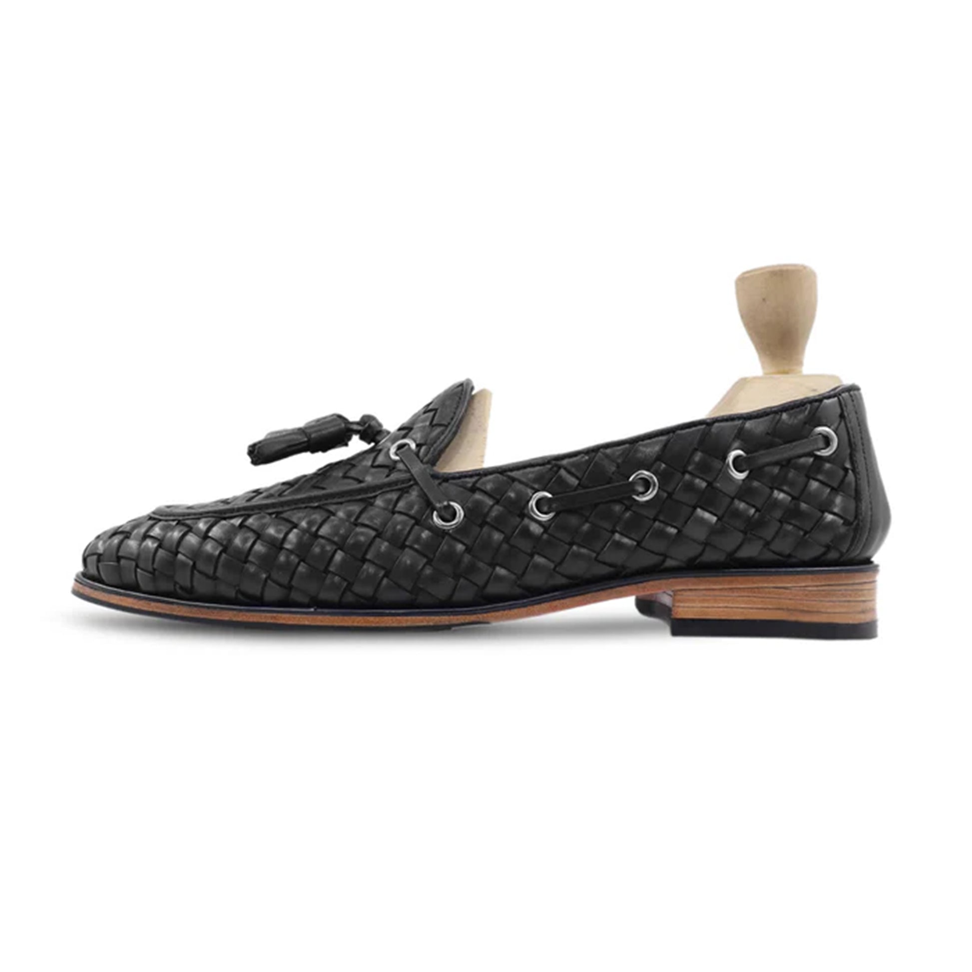 Brando Black Woven Tassel Loafers side profile with woven design and tassels