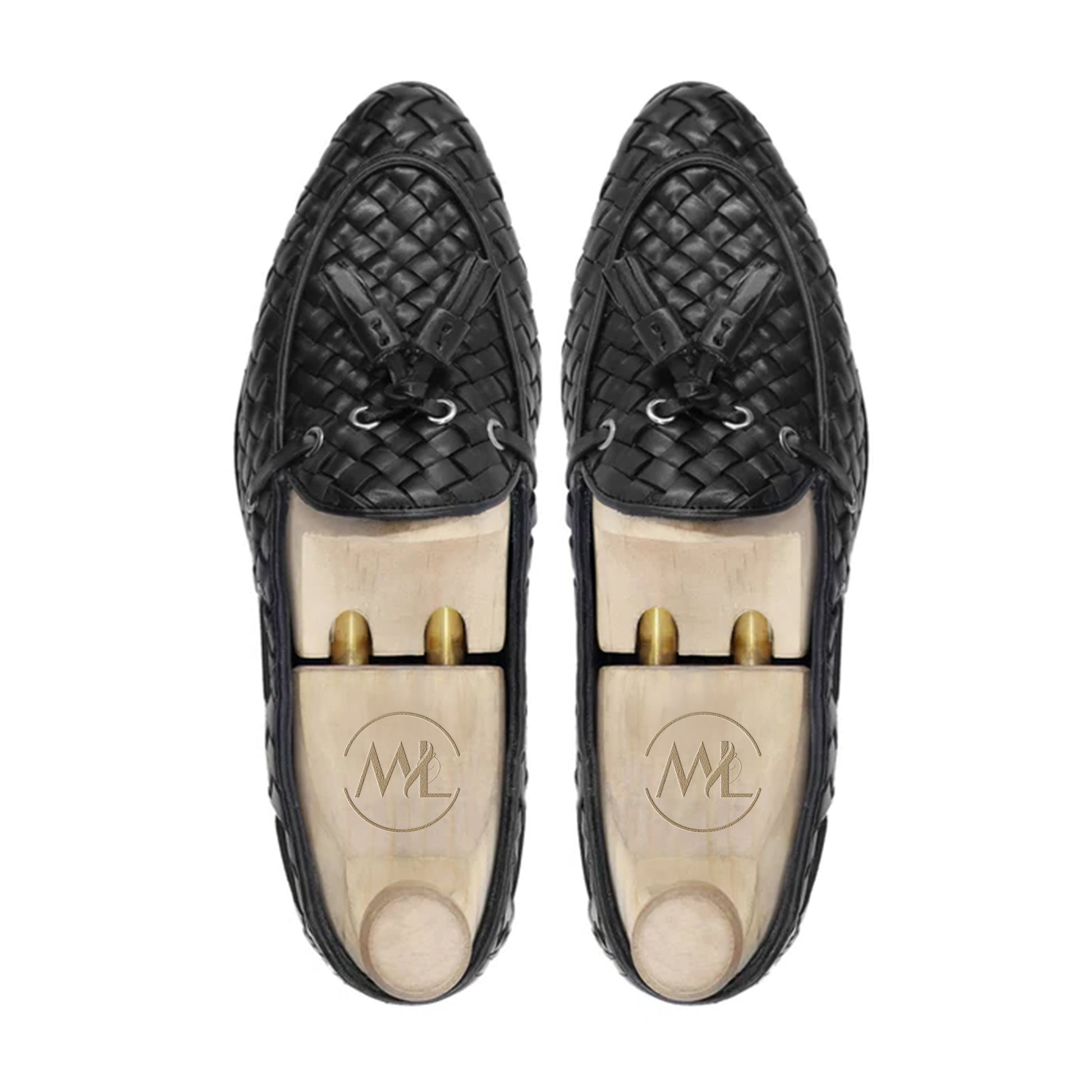 Top view of Brando Black Woven Tassel Loafers – Premium leather craftsmanship by Marvel Leather