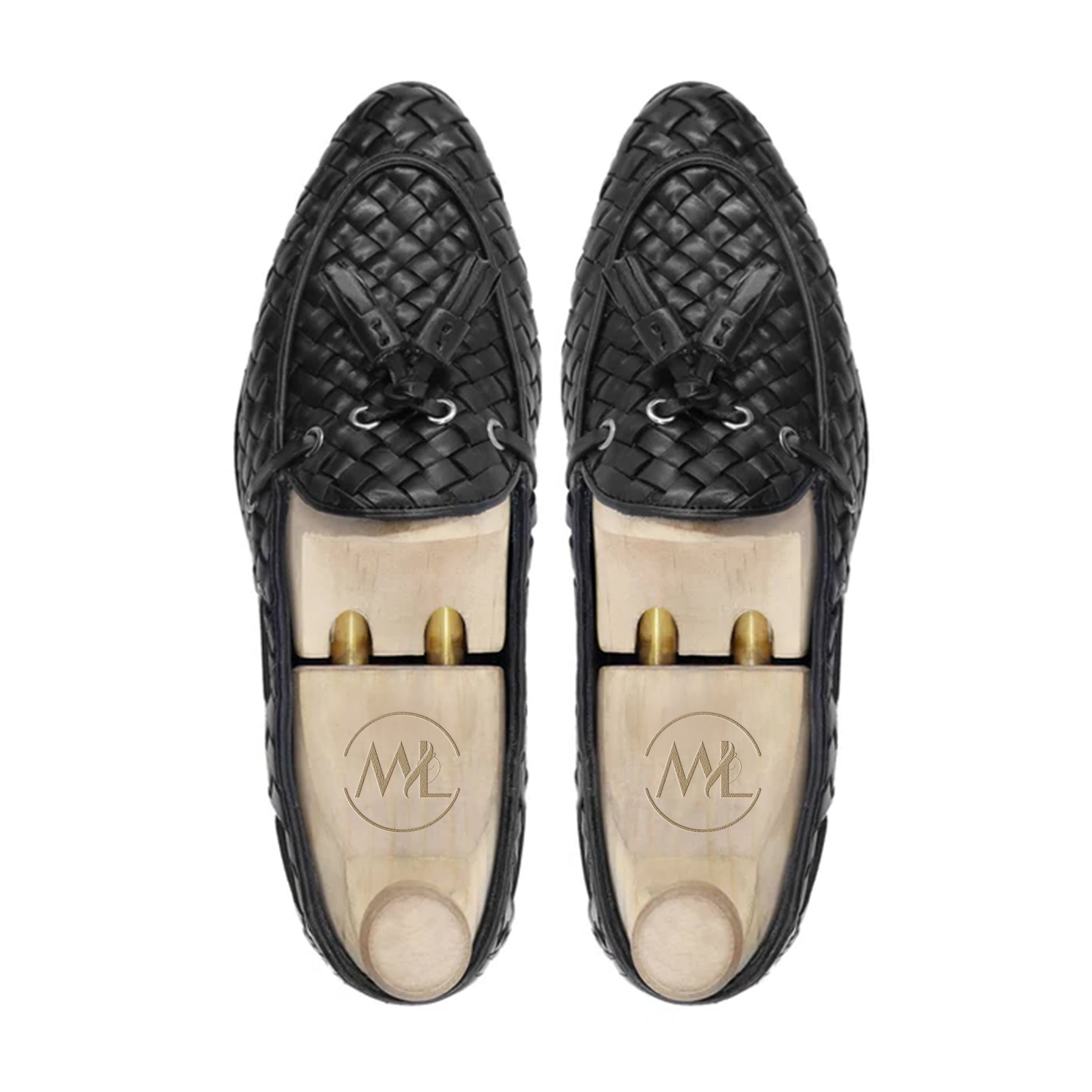 Top view of Brando Black Woven Tassel Loafers – Premium leather craftsmanship by Marvel Leather