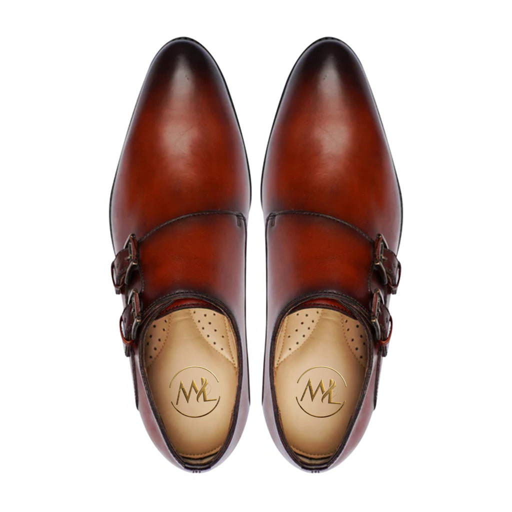 Top view of handcrafted Danteo monk strap shoes in tan leather