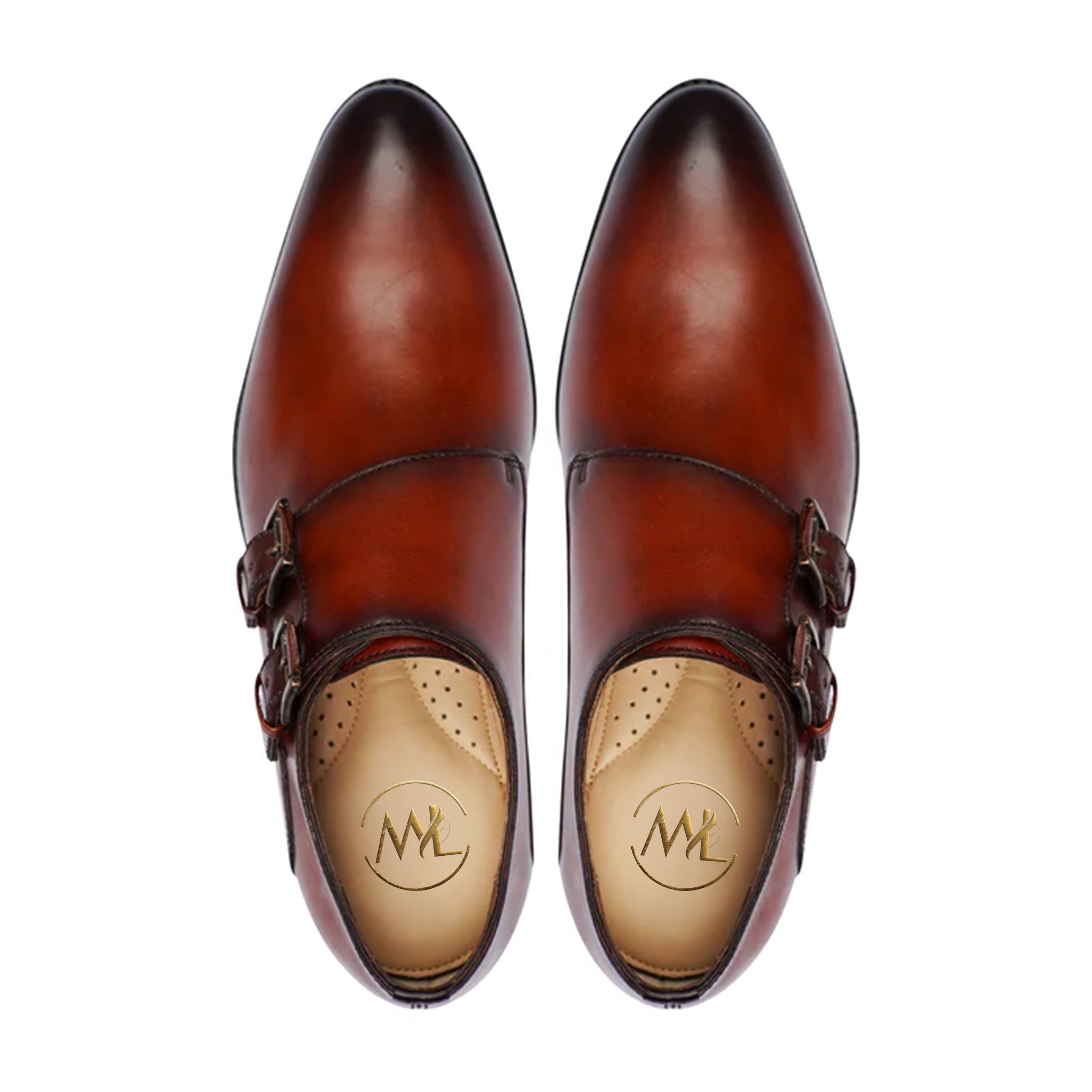 Top view of handcrafted Danteo monk strap shoes in tan leather