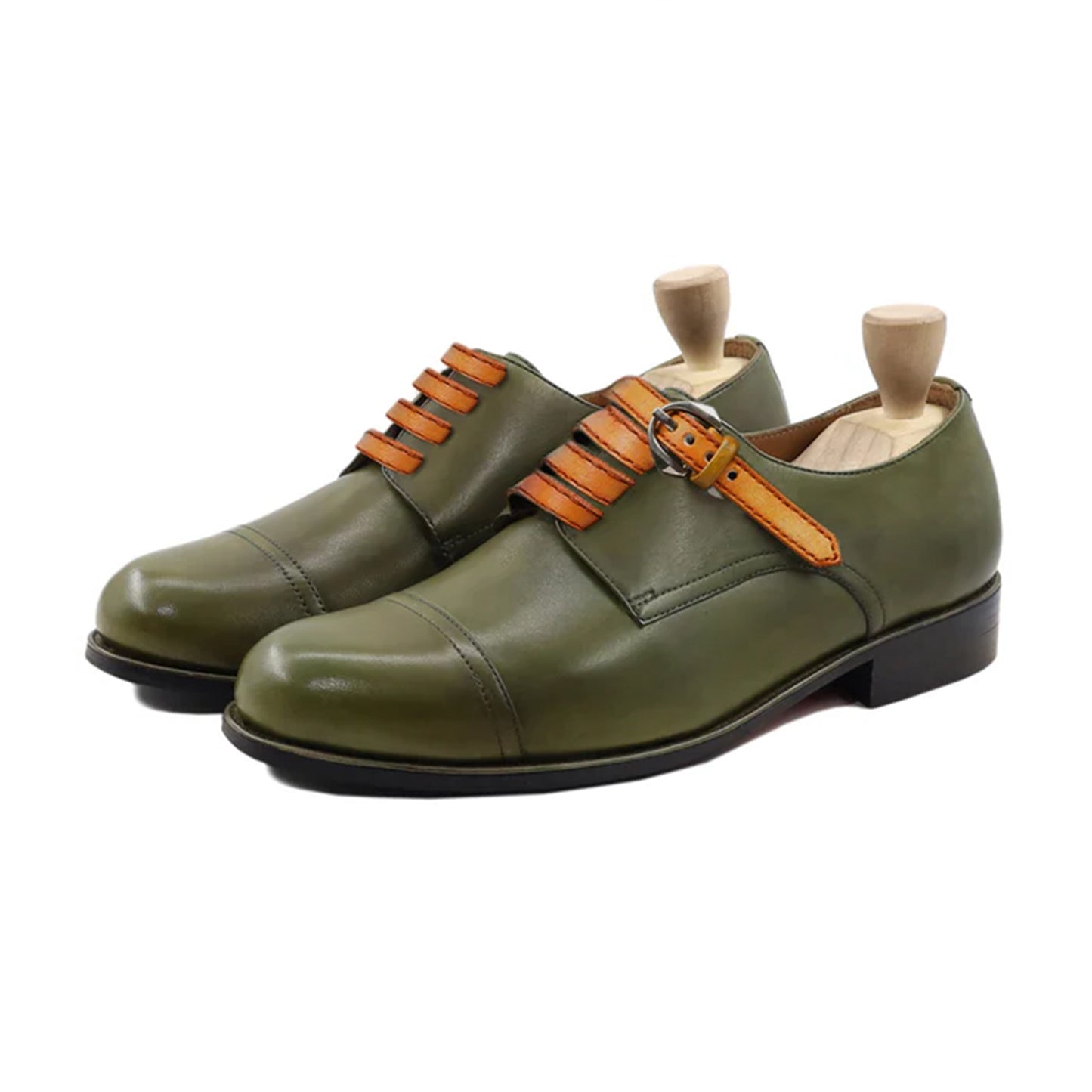 Dario Olive Leather Derby Strap Shoes Front View By Marvel Leather