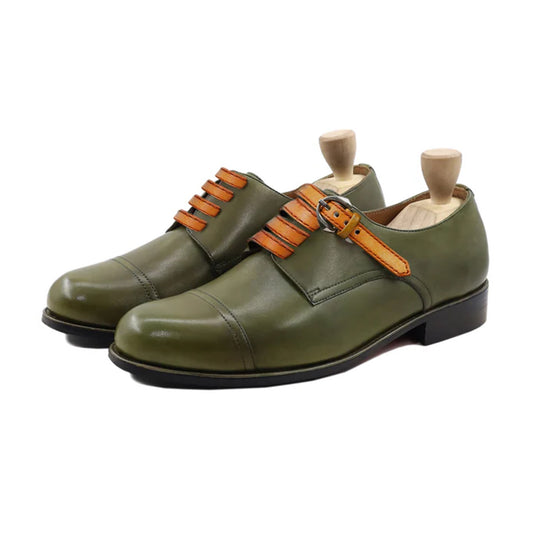 Dario Olive Leather Derby Strap Shoes Front View By Marvel Leather