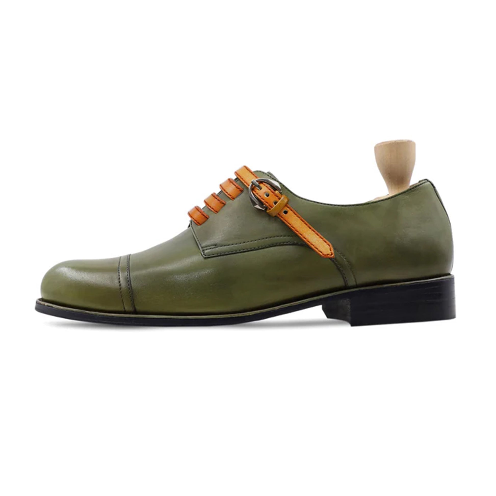 Dario Olive Leather Derby Strap Shoes Side View By Marvel Leather