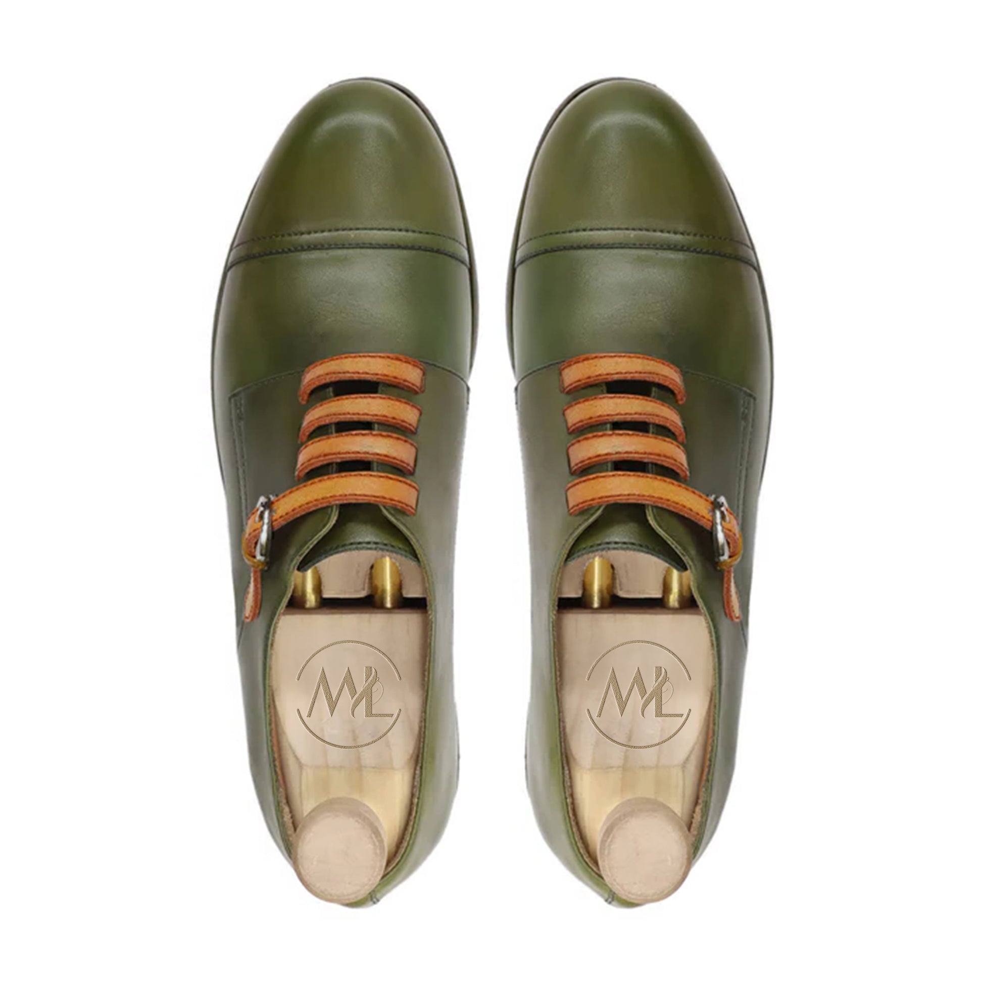 Dario Olive Leather Derby Strap Shoes Top View By Marvel Leather