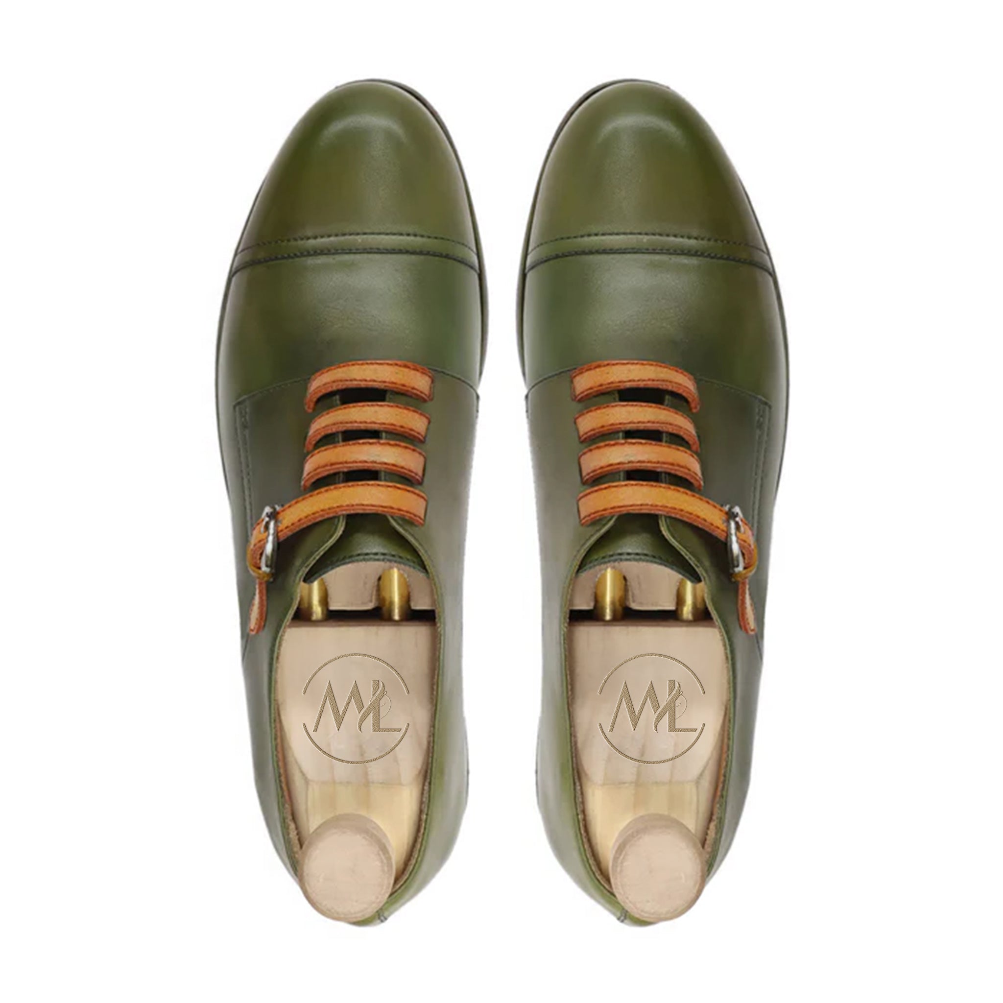 Dario Olive Leather Derby Strap Shoes Top View By Marvel Leather