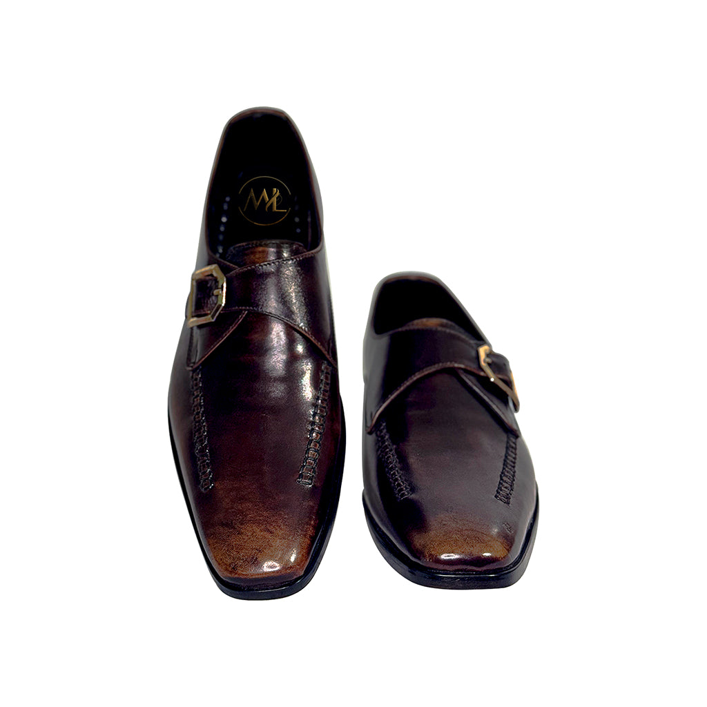 Dimitri Patina Monk Strap Leather Loafers angled pair by Marvel Leather 