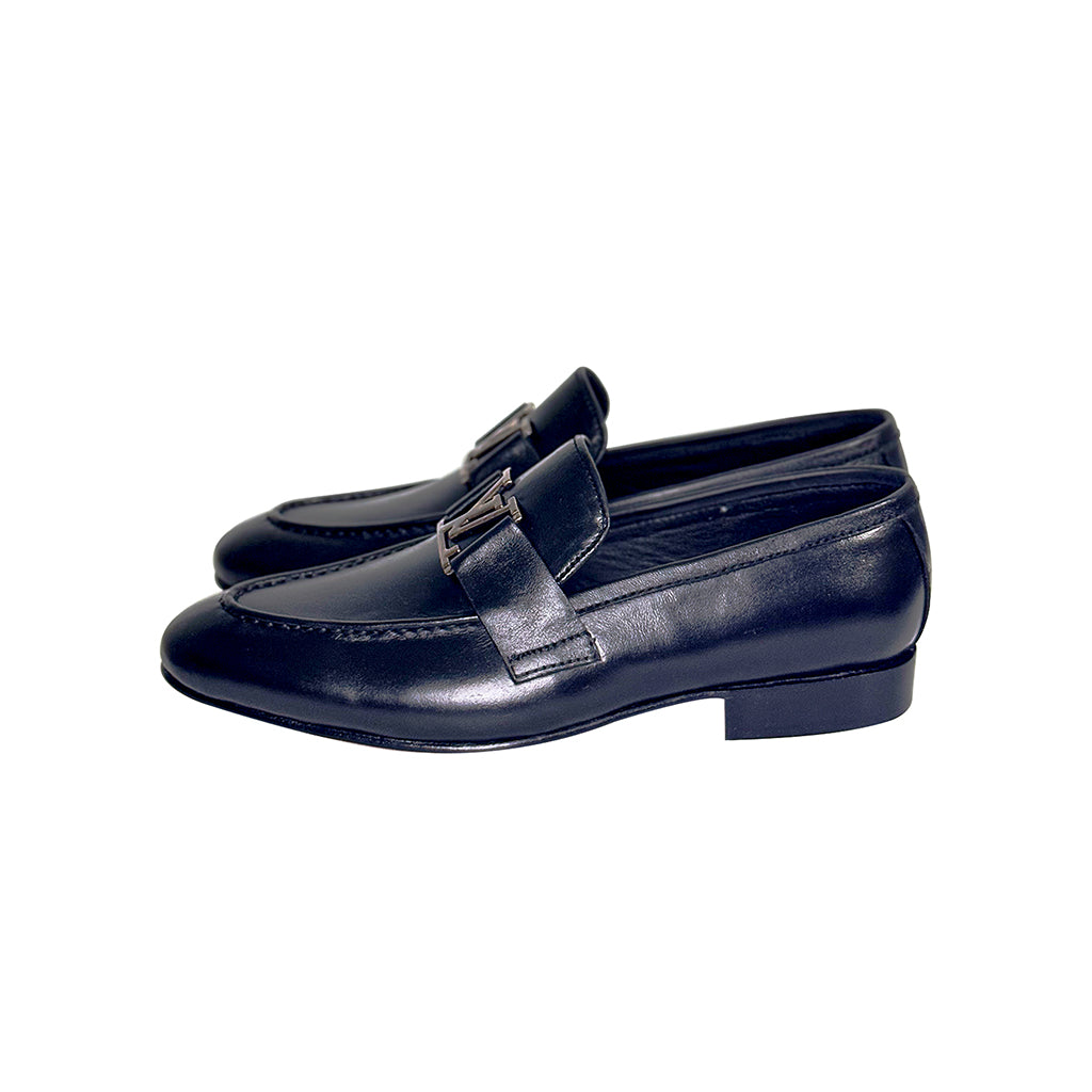 Luxury black loafers with LV-style buckle by Marvel Leather