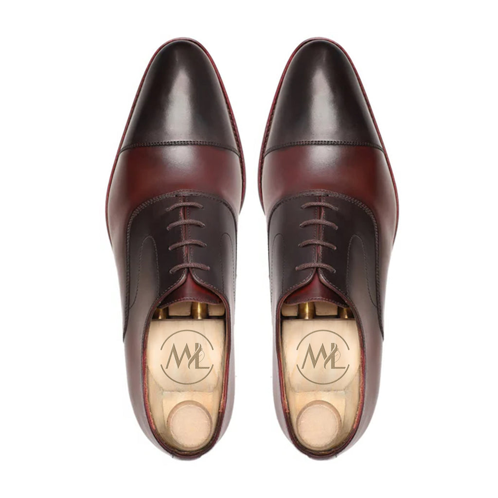 Top view of Elio burgundy and black oxford dress shoes – Marvel Leather