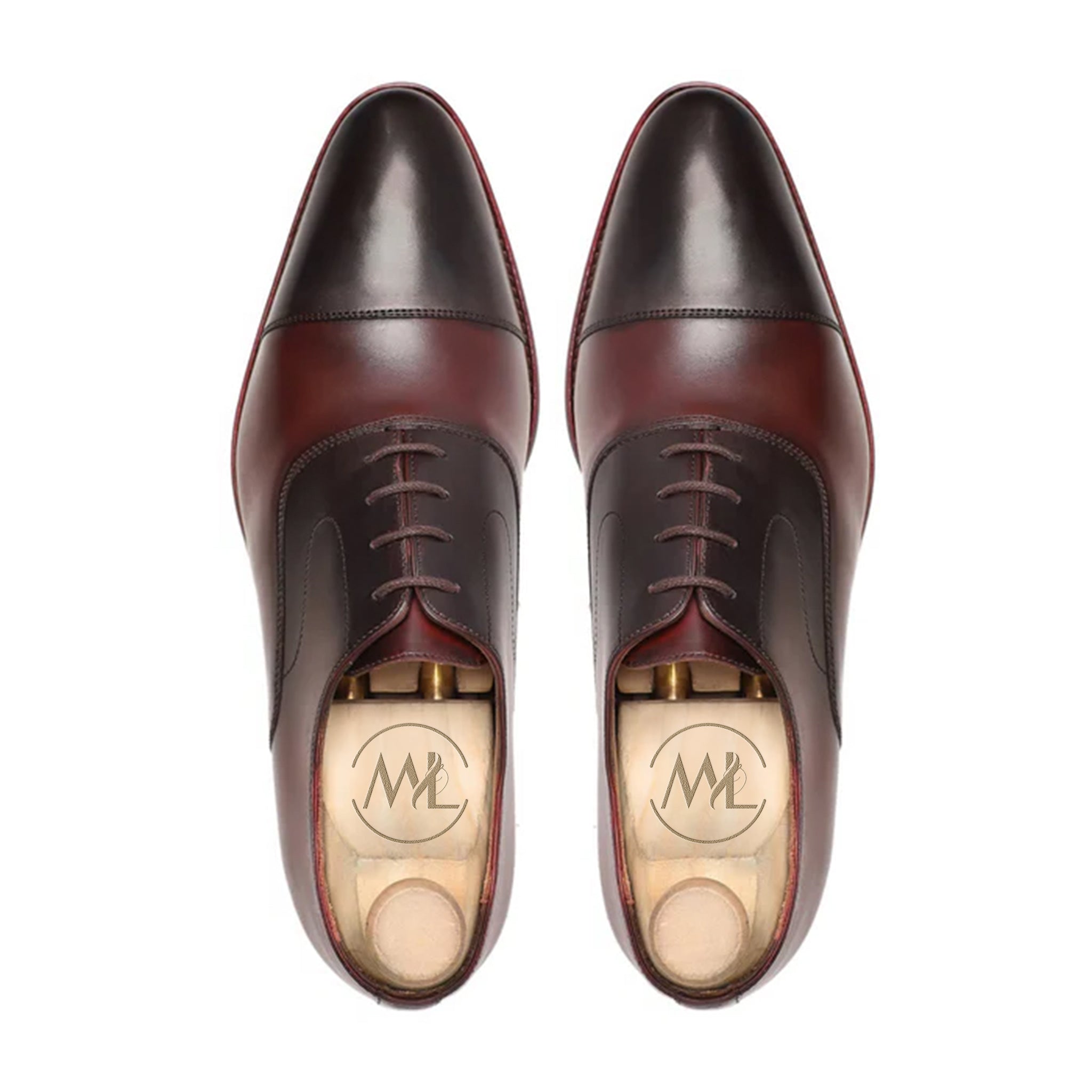 Top view of Elio burgundy and black oxford dress shoes – Marvel Leather