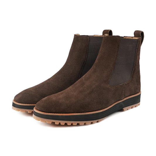 Fabrizio Dark Brown Suede Chelsea Boots Front View By Marvel Leather