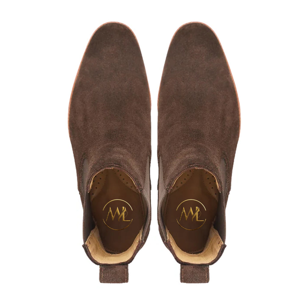 Fabrizio Dark Brown Suede Chelsea Boots Top View By Marvel Leather