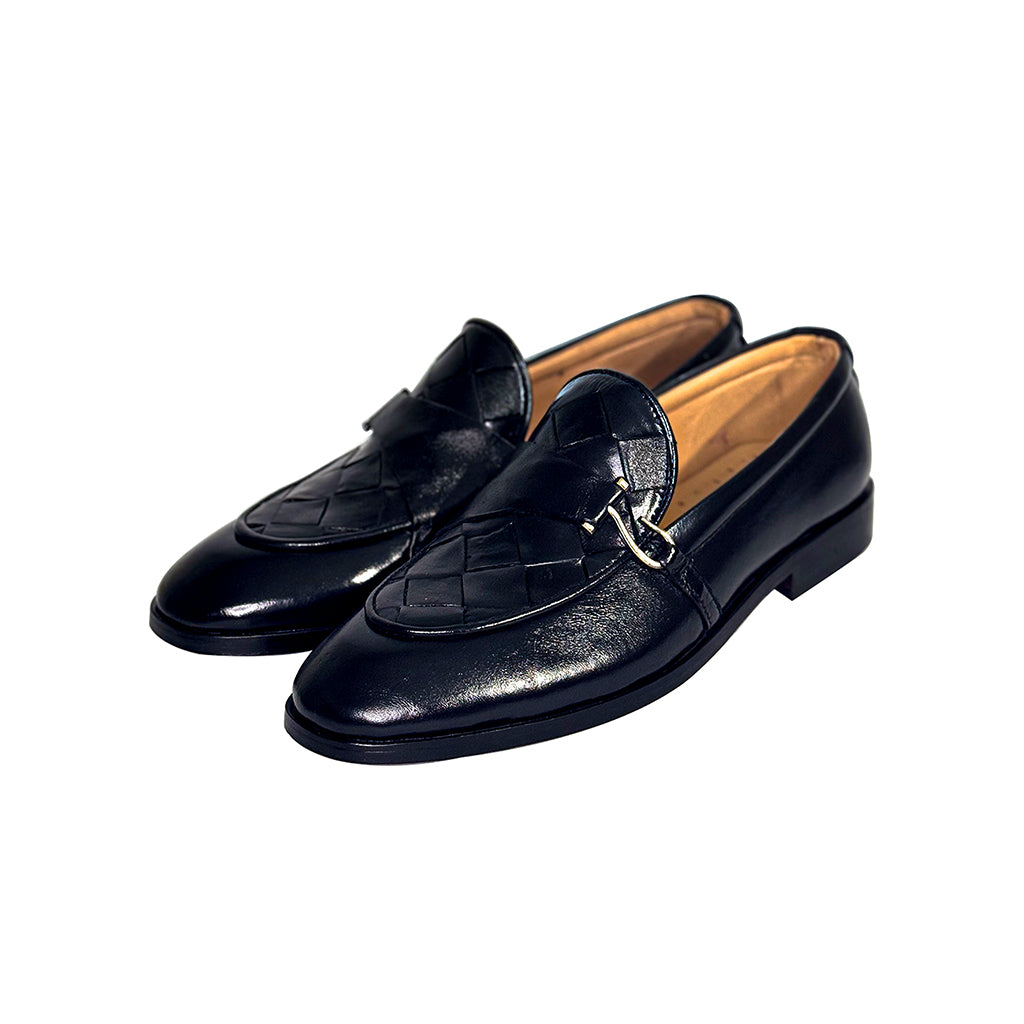 Alfeo Woven Black Leather Loafers by Marvel Leather – Handmade Formal Shoes for Men
