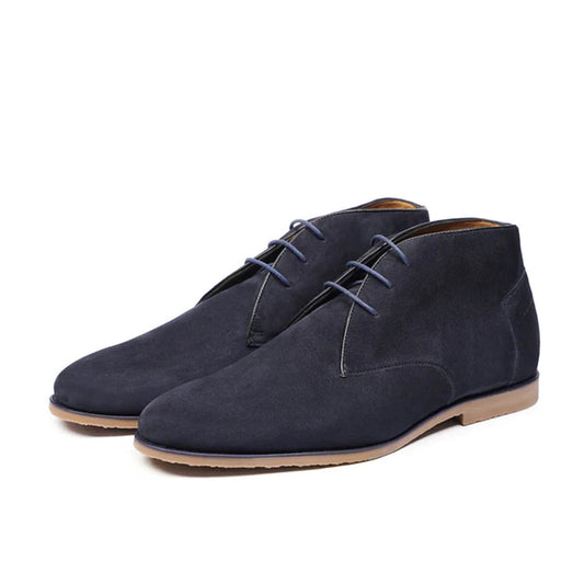Leonardo Navy Suede Desert Boots Front View By Marvel Leather