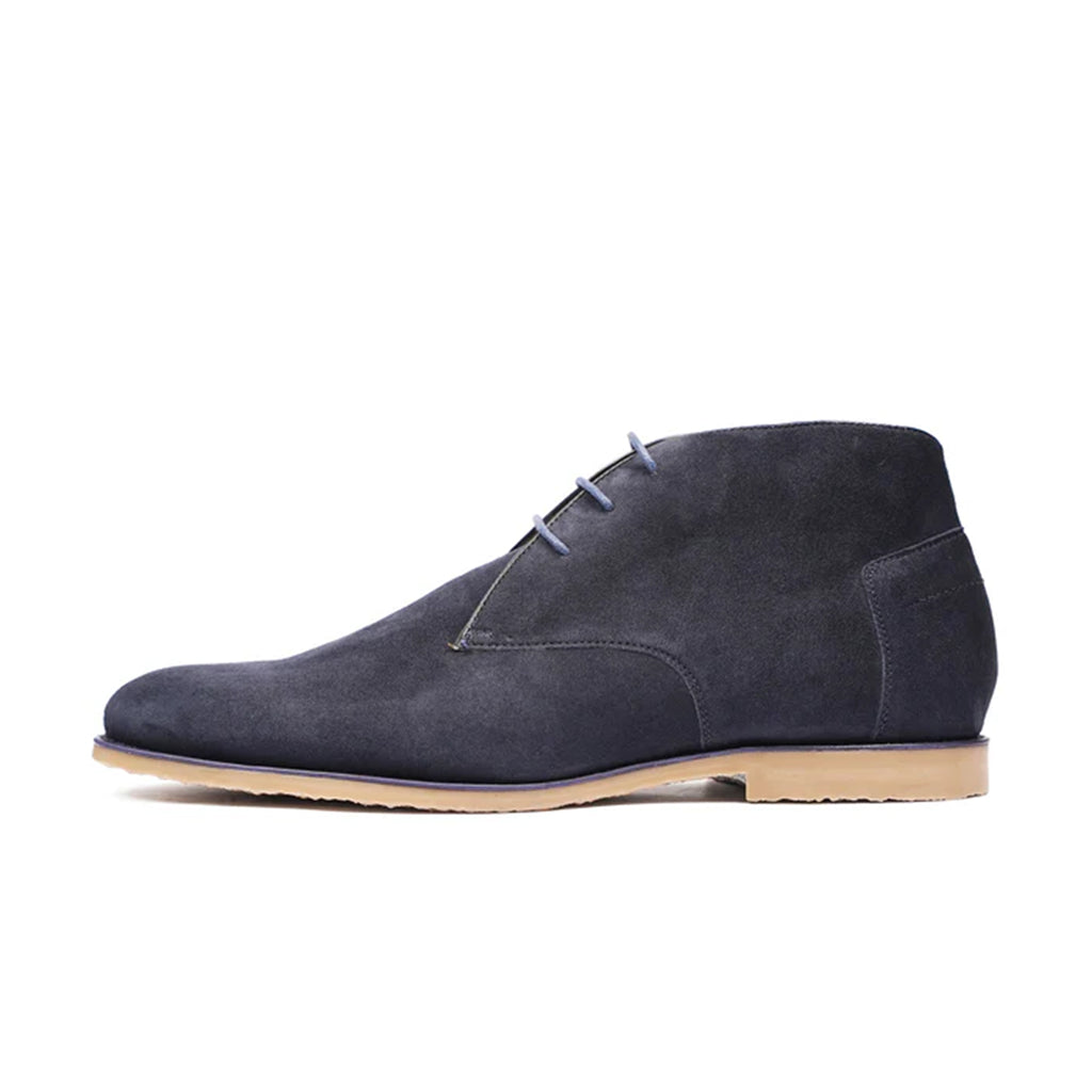 Leonardo Navy Suede Desert Boots  Side View By Marvel Leather