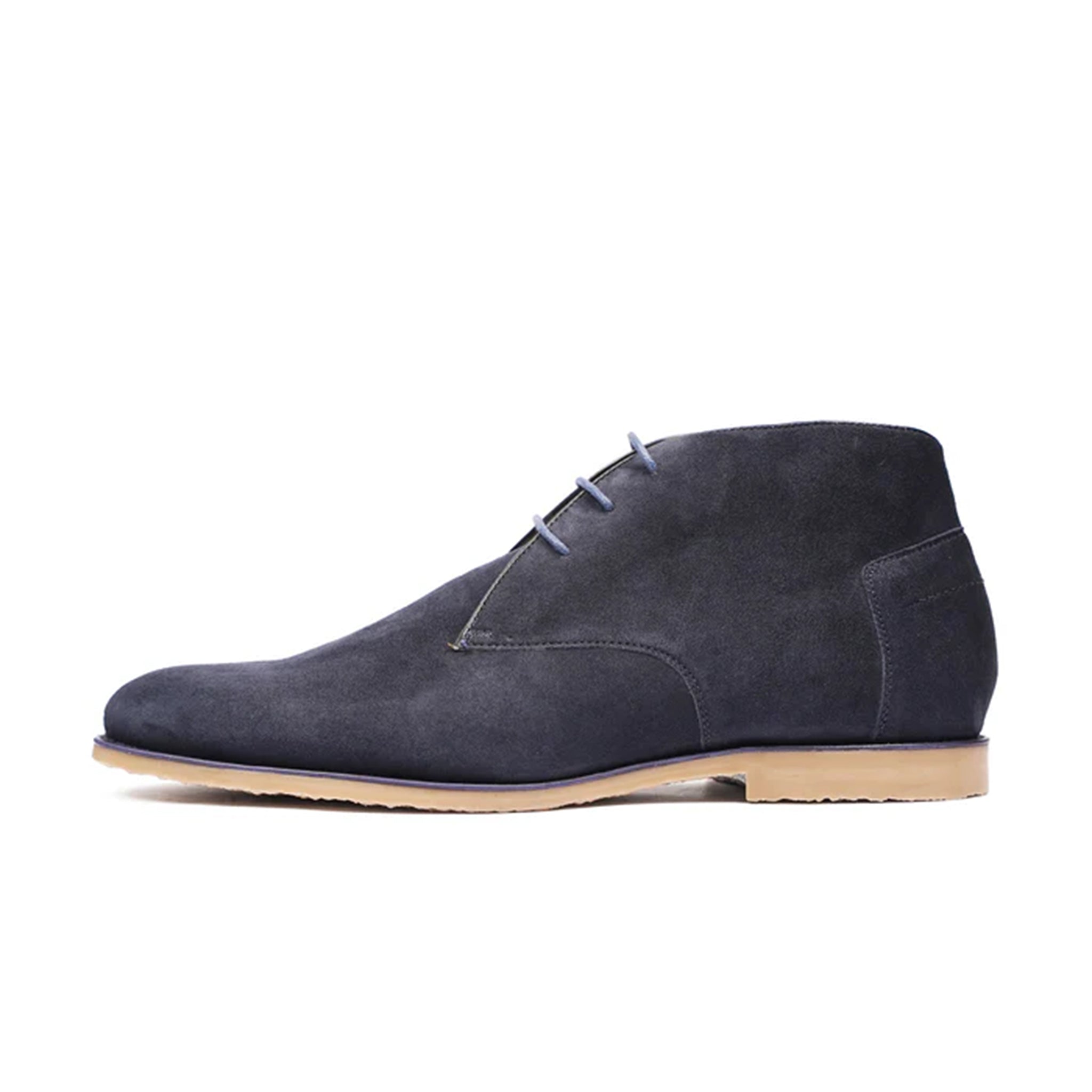 Leonardo Navy Suede Desert Boots  Side View By Marvel Leather
