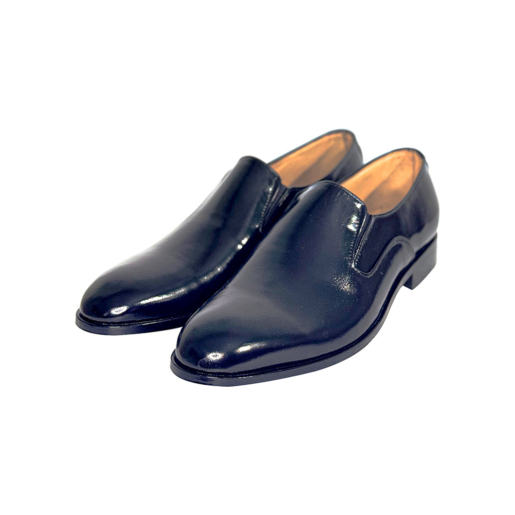 Marvel Leather Lucien black patent leather slip ons front view