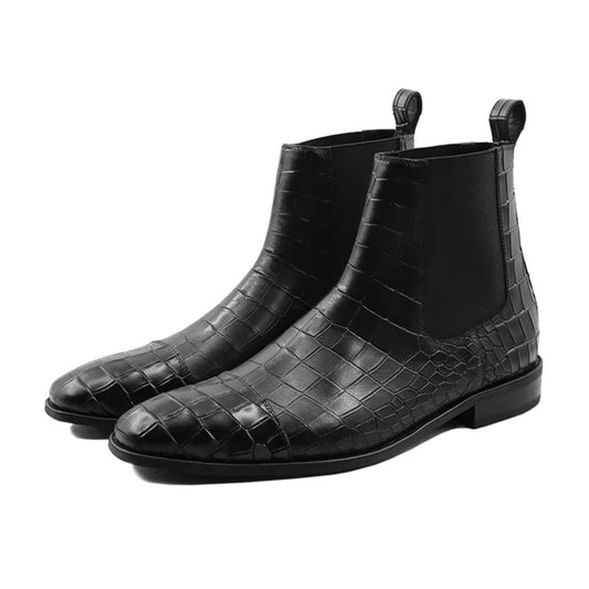 Marcello Black Crocodile Embossed Handmade Leather Chelsea Boots Front View.