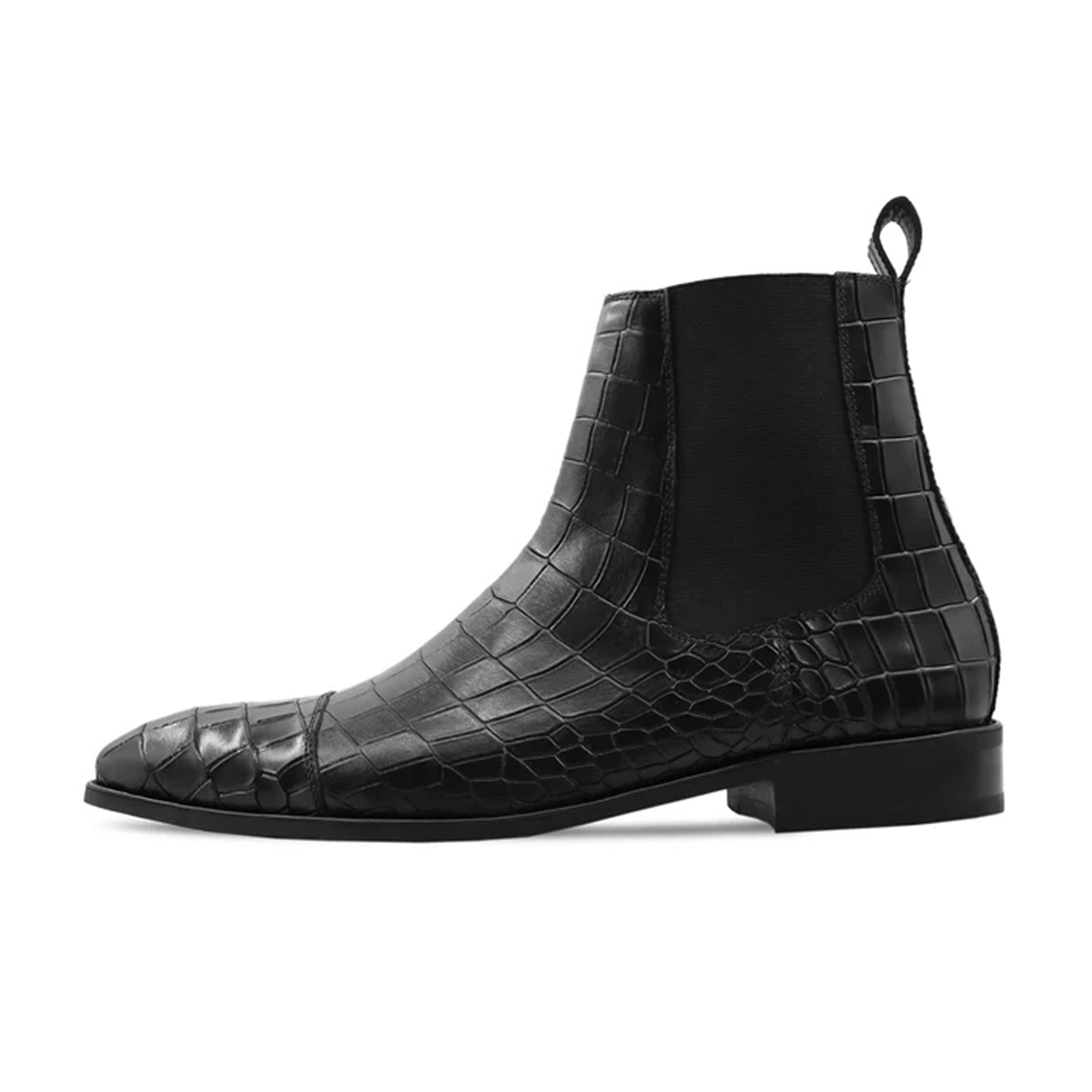 Marcello Black Crocodile Embossed Handmade Leather Chelsea Boots Side Profile