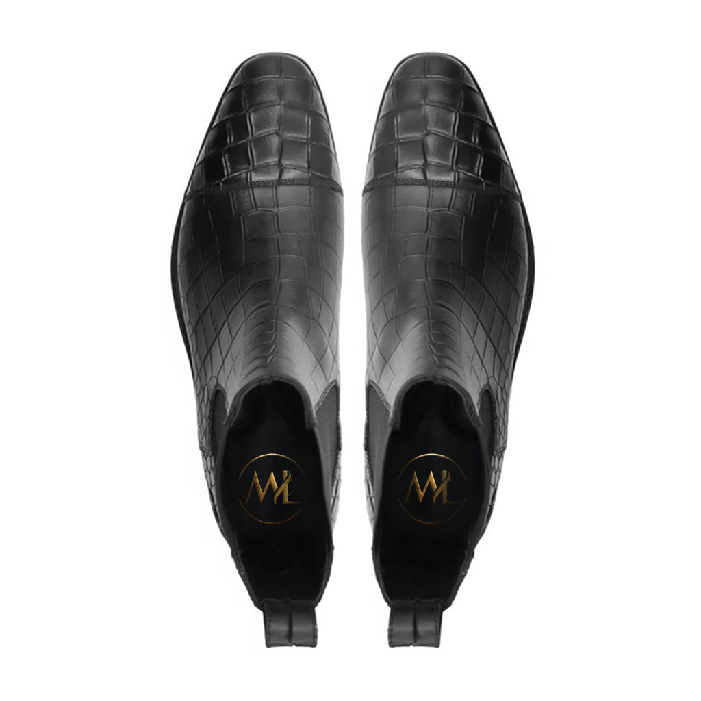 Marcello Black Crocodile Embossed Handmade Leather Chelsea Boots Top View

