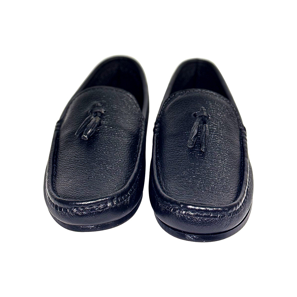 Marvel Leather Cedric black tassel loafers for men and boys – front view by Marvel Leather 