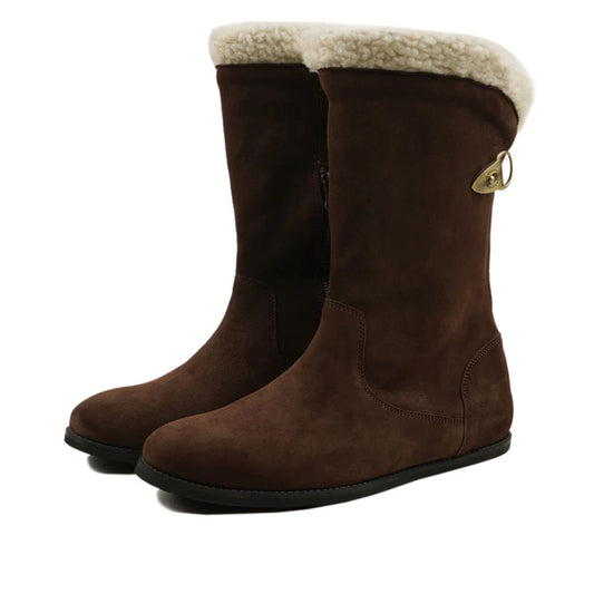 Marvel Leather brown suede shearling boots front angle