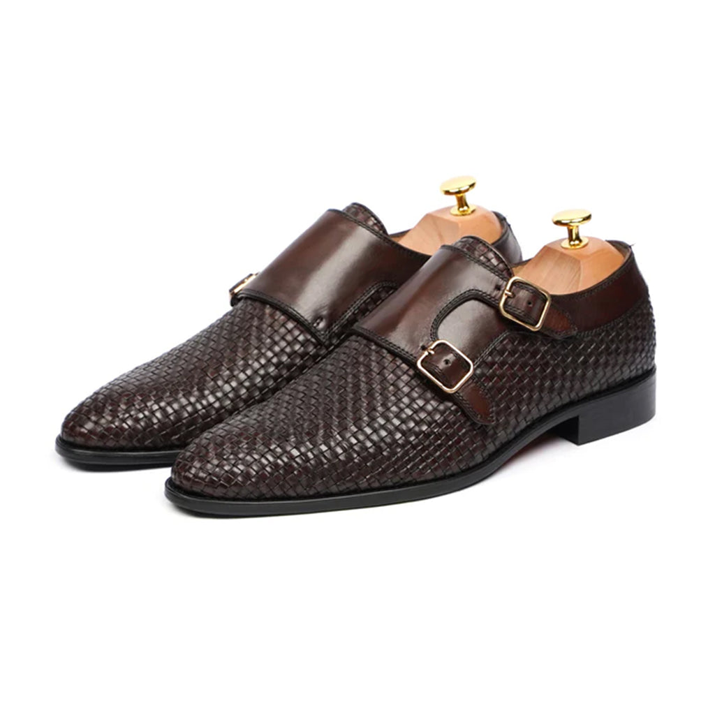 Alt text: Matvey woven leather double monk shoes front view – Marvel Leather