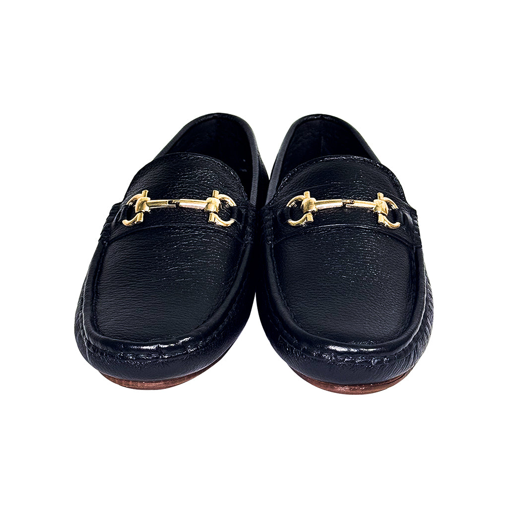 Maxence pebbled black leather loafers with gold horsebit – front view
