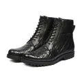 Luxurious handmade quilted boots in black, shown from the front angle. Perfect formal footwear for men crafted in Pakistan.
