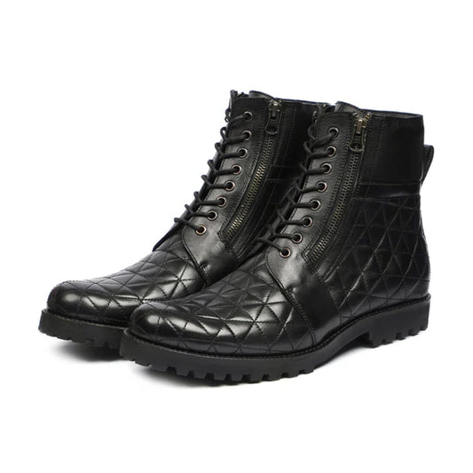 Luxurious handmade quilted boots in black, shown from the front angle. Perfect formal footwear for men crafted in Pakistan.
