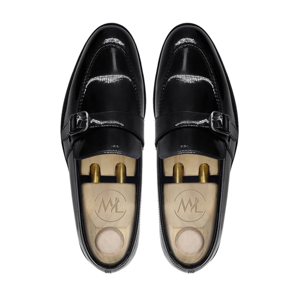 Nikolai patent black buckle leather loafers by Marvel Leather – luxury handmade formal shoes for men