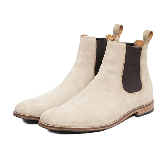 Elegant suede boots with elastic panel design in sand beige. Ideal for smart-casual wear.
