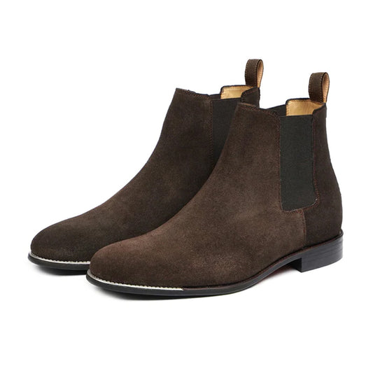 Riccardo Handmade Dark Brown Suede Leather Chelsea Boots Front View by Marvel Leather