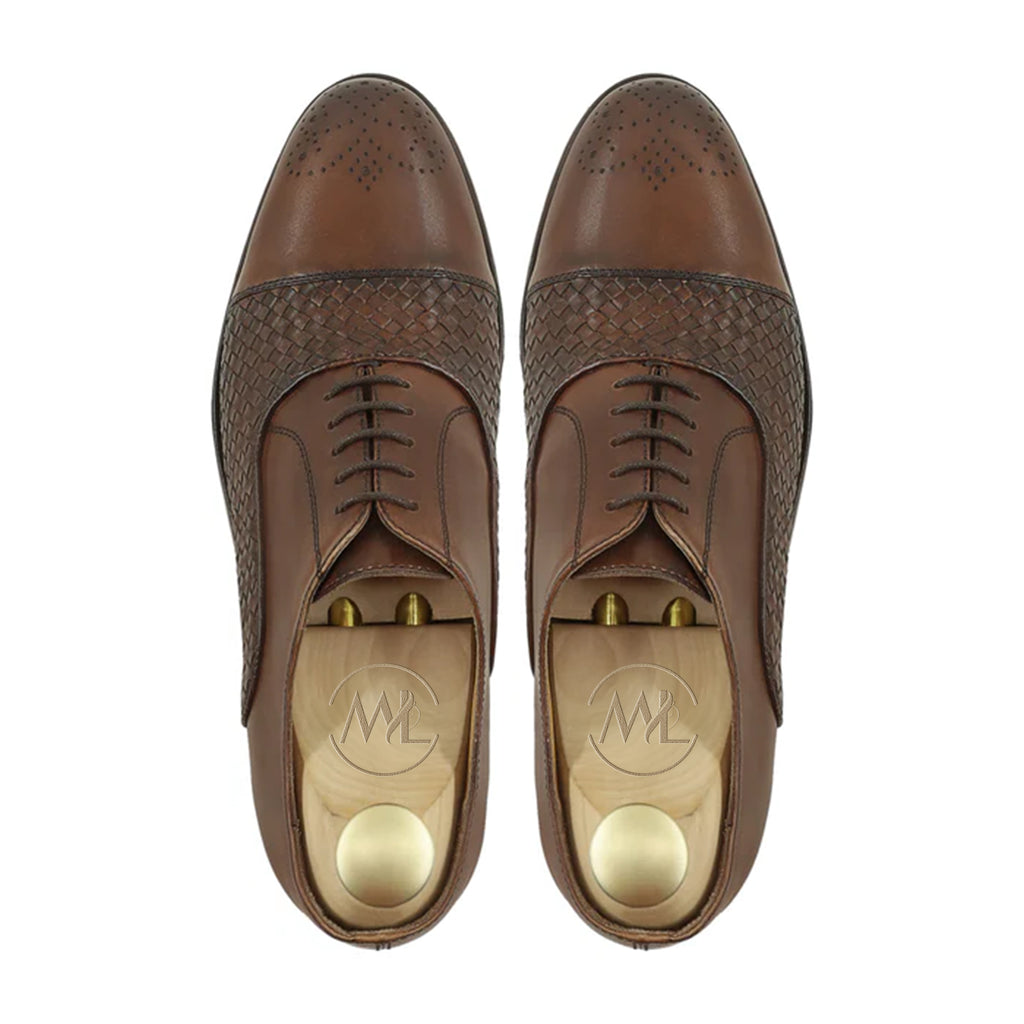 Marvel Leather Romelio Woven Cap-Toe Oxford Shoes – Luxury Handmade Brown Leather Dress Shoes for Men