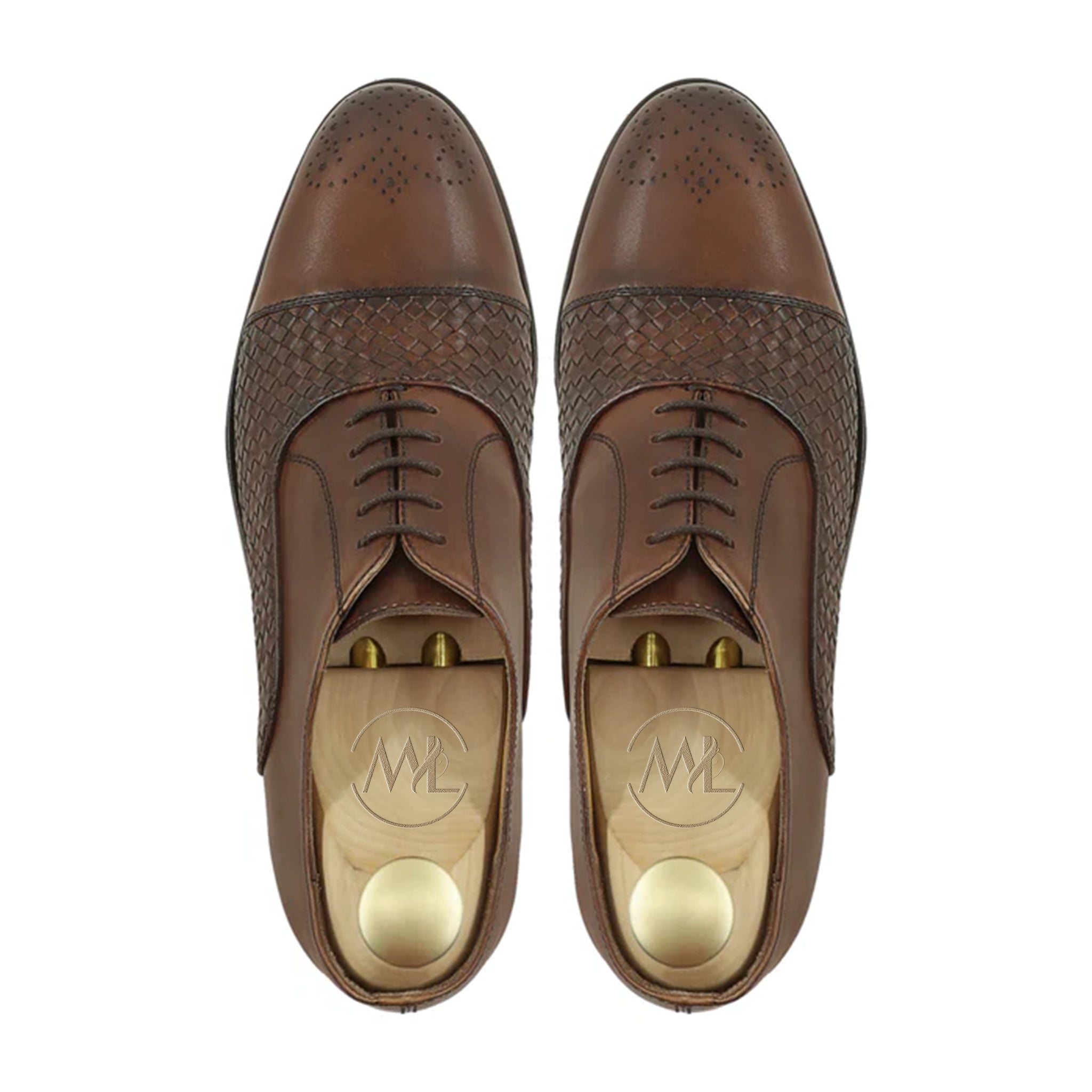 Marvel Leather Romelio Woven Cap-Toe Oxford Shoes – Luxury Handmade Brown Leather Dress Shoes for Men
