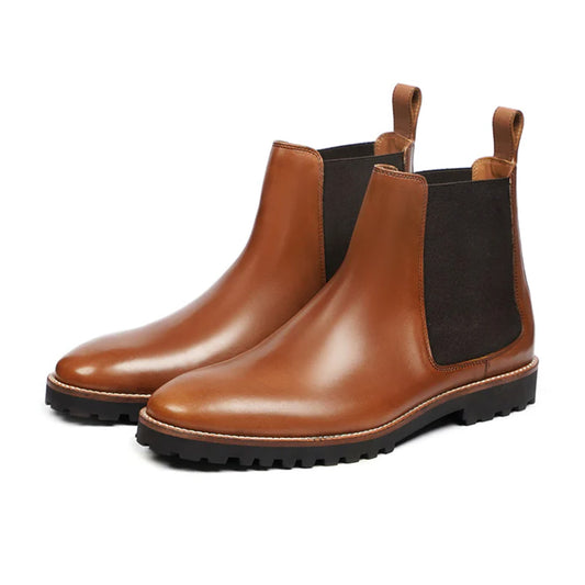 Salvatore Tan Brown Leather Handmade Rugged Sole Chelsea Boots Front View