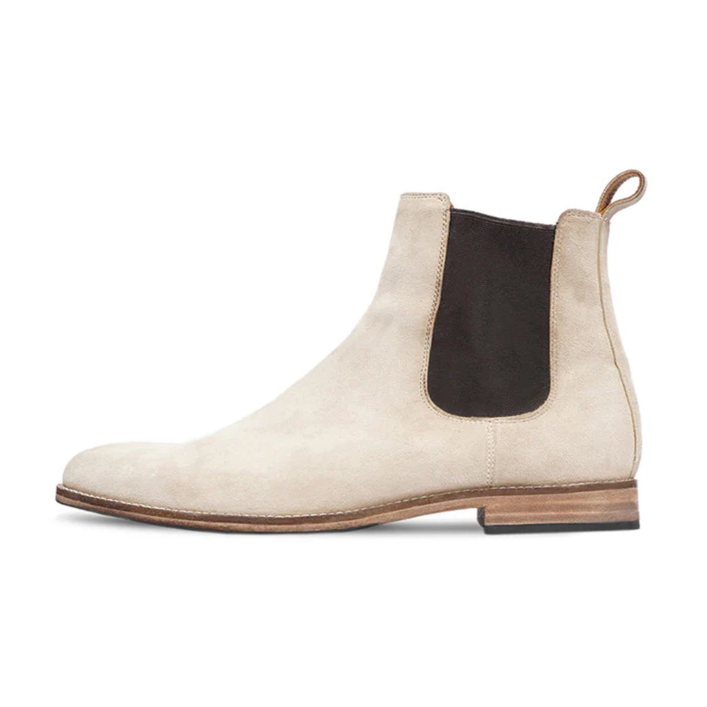 Smooth sand suede, showcasing minimal design and almond toe shape with comfort fit.
